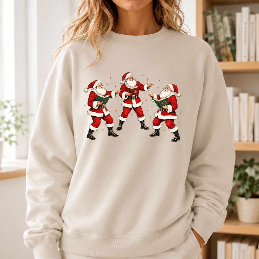 Three Reading Santas Printed Sweatshirt | Christmas Reader Gift Sand