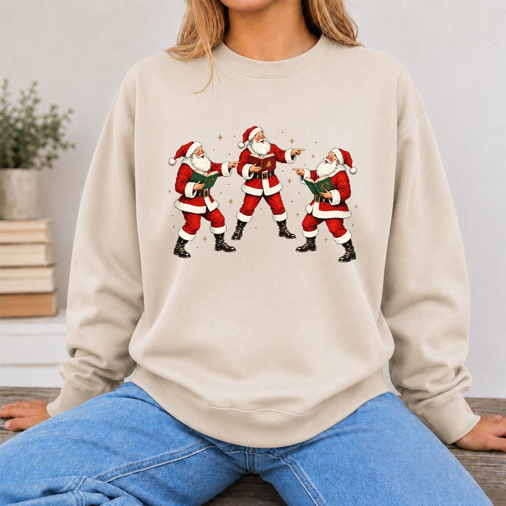 Three Reading Santas Printed Sweatshirt | Christmas Reader Gift Sand