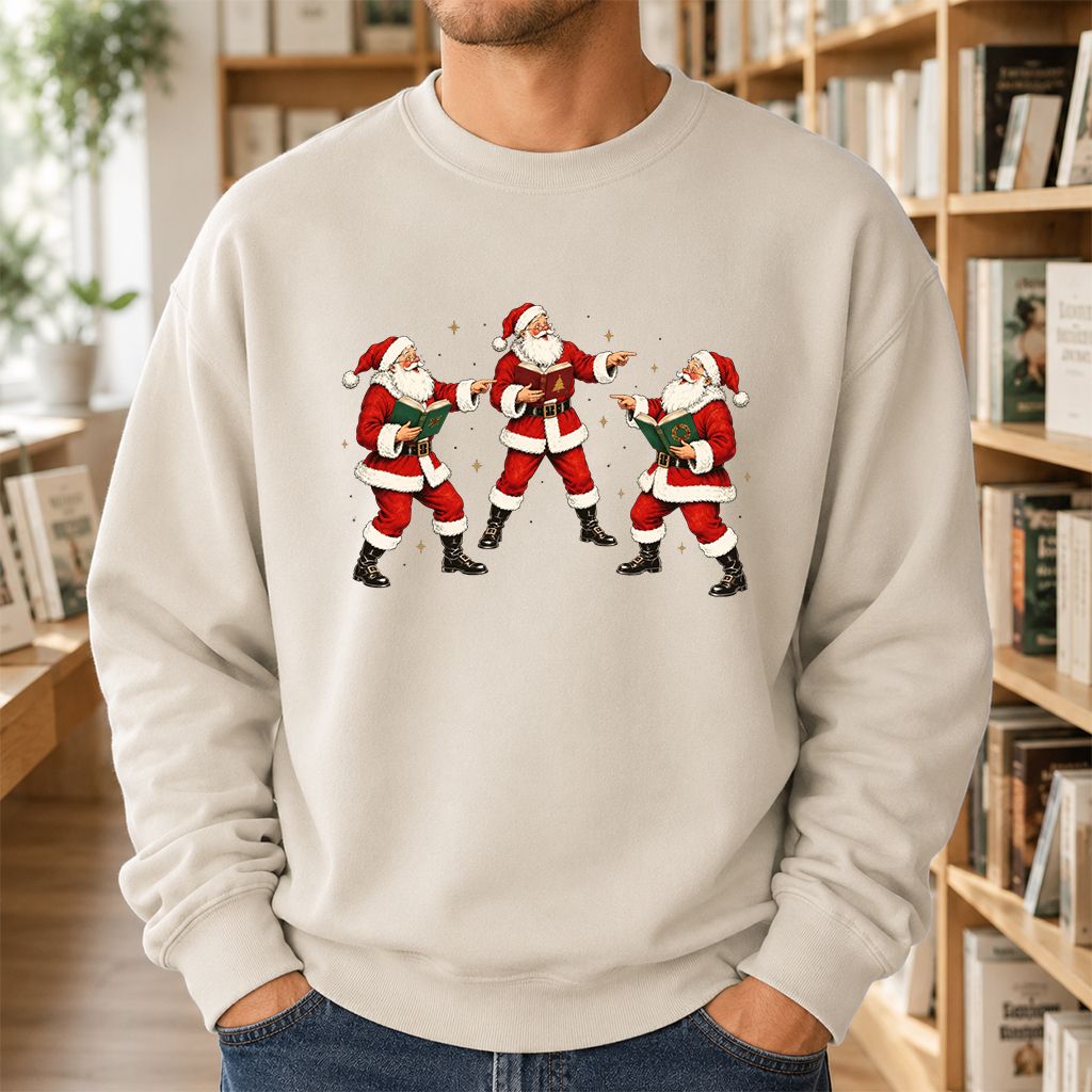 Three Reading Santas Printed Sweatshirt | Christmas Reader Gift Sand