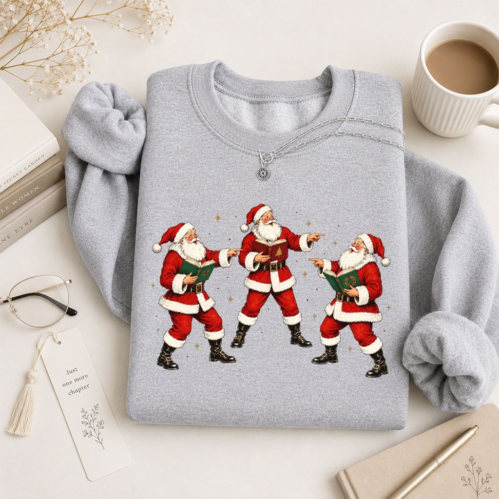 Three Reading Santas Printed Sweatshirt | Christmas Reader Gift Sport Grey