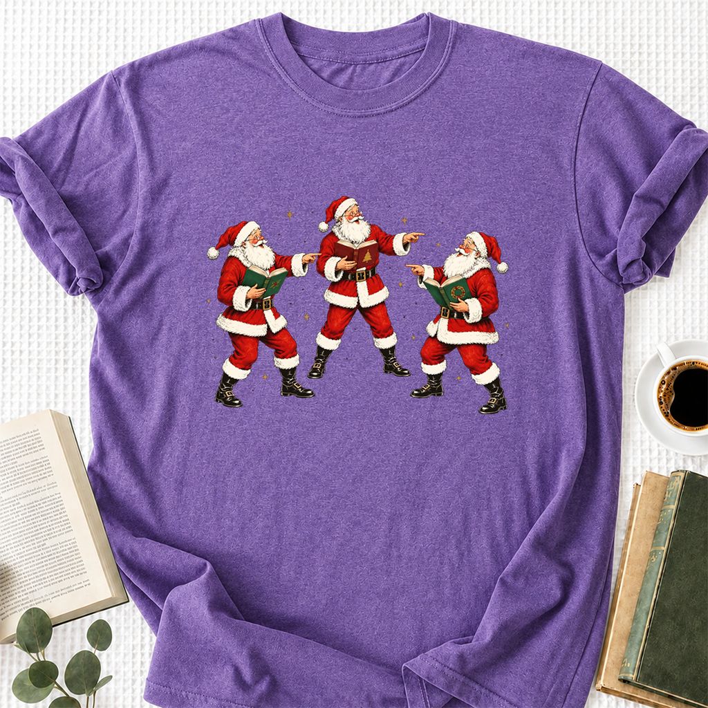 Three Reading Santas Printed T-Shirt | Christmas Reader Gift Heather Purple