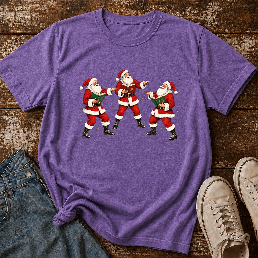 Three Reading Santas Printed T-Shirt | Christmas Reader Gift Heather Purple