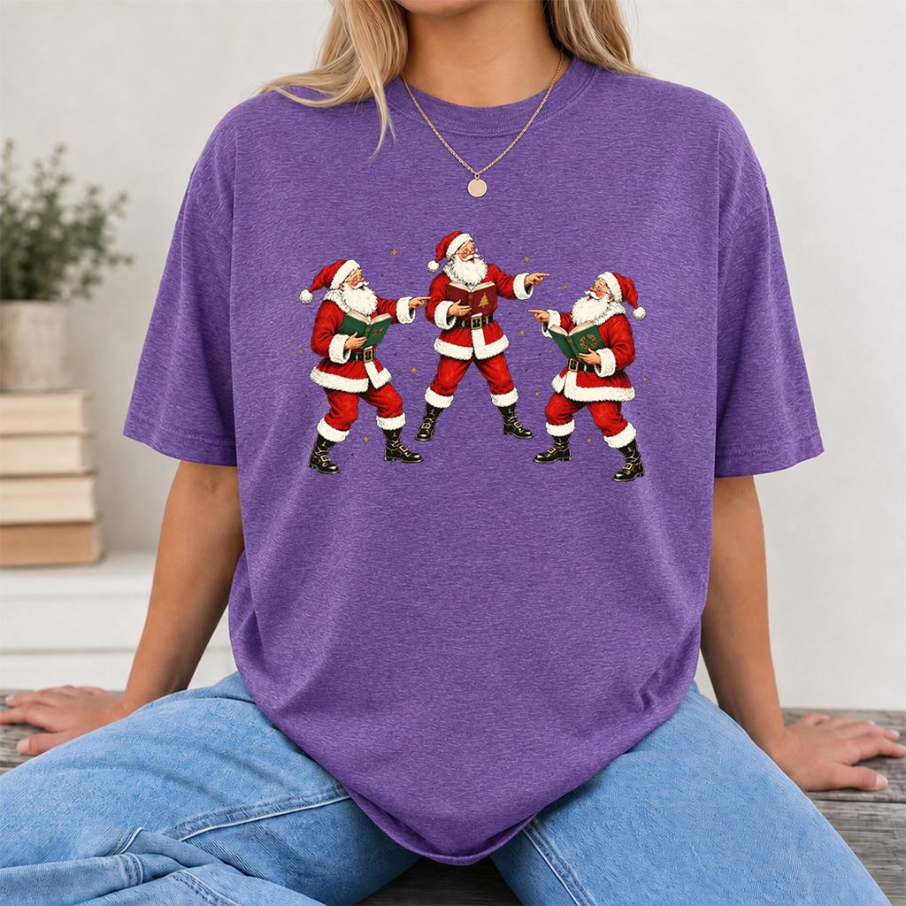 Three Reading Santas Printed T-Shirt | Christmas Reader Gift Heather Purple