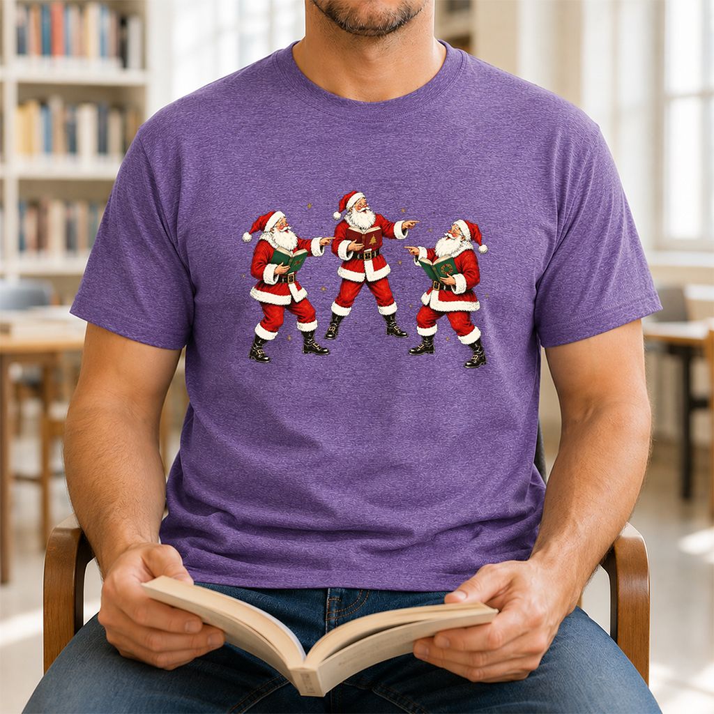Three Reading Santas Printed T-Shirt | Christmas Reader Gift Heather Purple