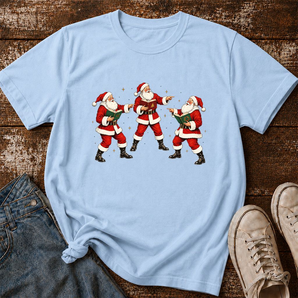 Three Reading Santas Printed T-Shirt | Christmas Reader Gift Light Blue
