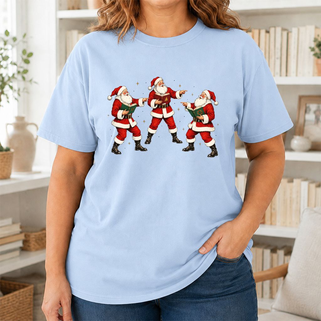Three Reading Santas Printed T-Shirt | Christmas Reader Gift Light Blue