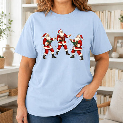 Three Reading Santas Printed T-Shirt | Christmas Reader Gift Light Blue