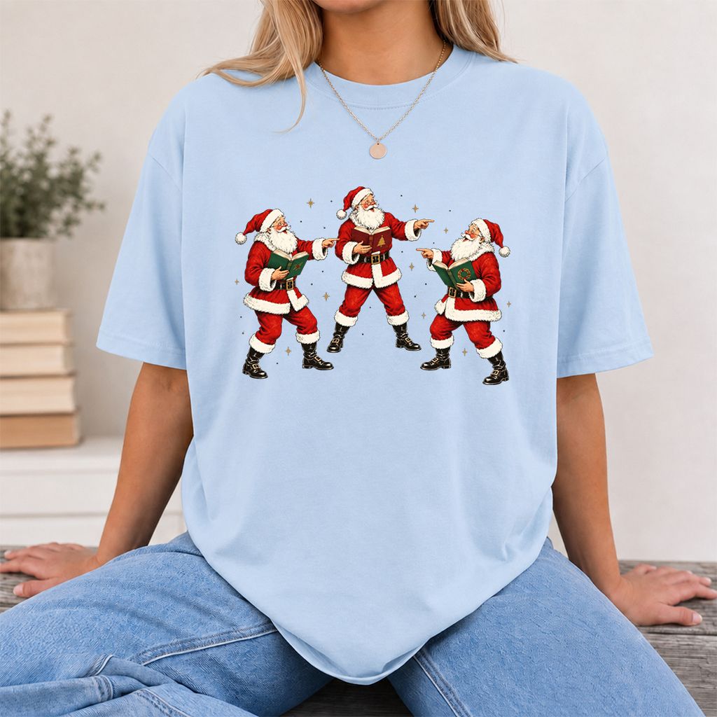 Three Reading Santas Printed T-Shirt | Christmas Reader Gift Light Blue