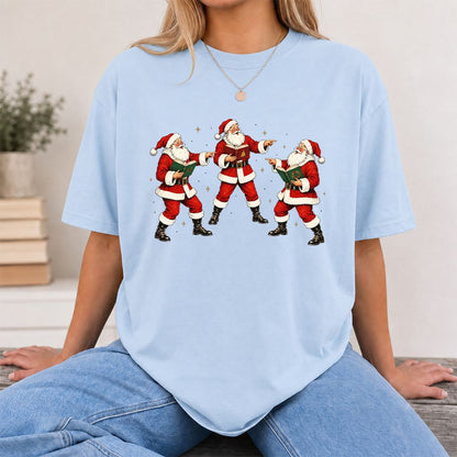 Three Reading Santas Printed T-Shirt | Christmas Reader Gift Light Blue