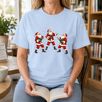 Three Reading Santas Printed T-Shirt | Christmas Reader Gift Light Blue