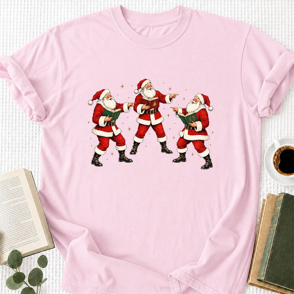 Three Reading Santas Printed T-Shirt | Christmas Reader Gift Light Pink