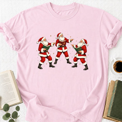 Three Reading Santas Printed T-Shirt | Christmas Reader Gift Light Pink