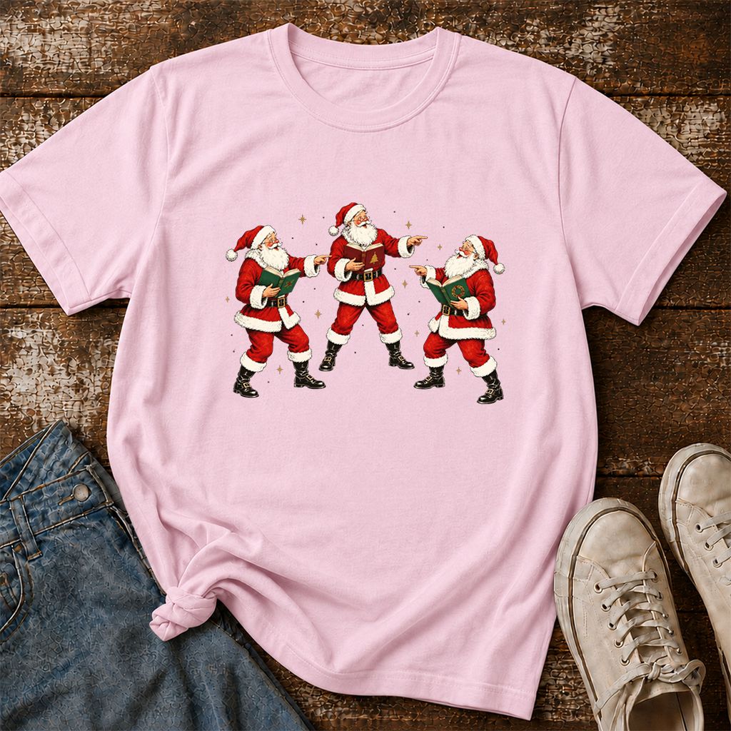 Three Reading Santas Printed T-Shirt | Christmas Reader Gift Light Pink