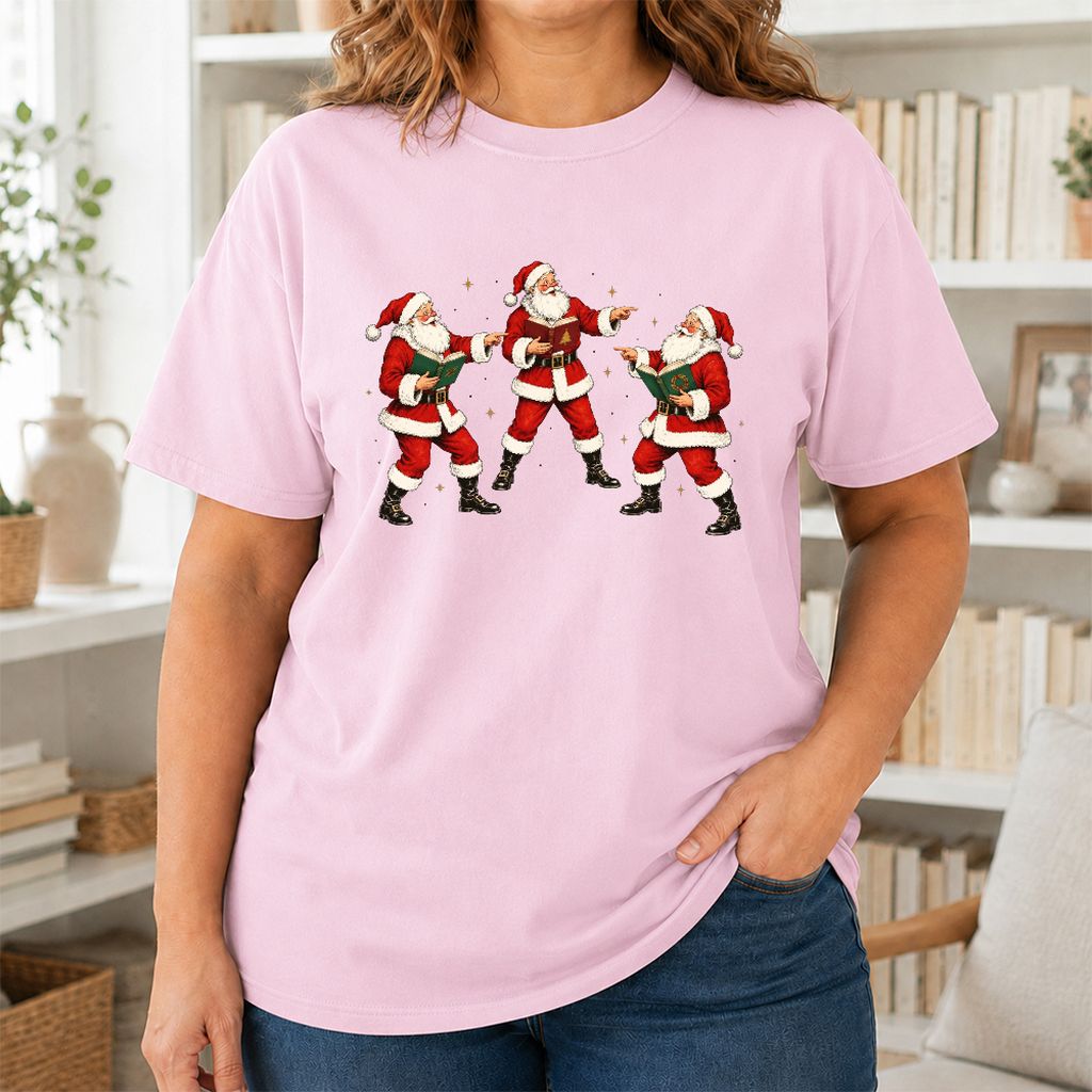 Three Reading Santas Printed T-Shirt | Christmas Reader Gift Light Pink