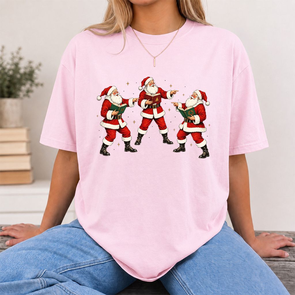 Three Reading Santas Printed T-Shirt | Christmas Reader Gift Light Pink