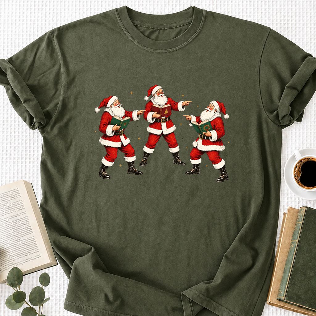 Three Reading Santas Printed T-Shirt | Christmas Reader Gift Military Green