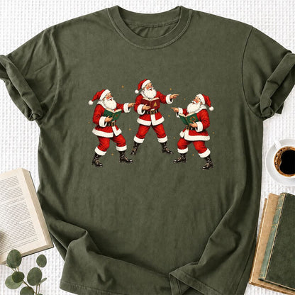 Three Reading Santas Printed T-Shirt | Christmas Reader Gift Military Green