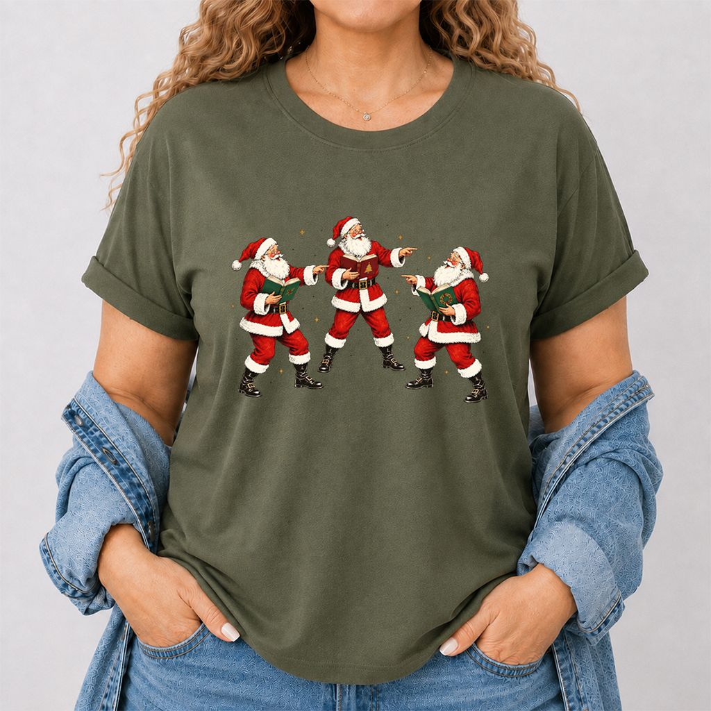 Three Reading Santas Printed T-Shirt | Christmas Reader Gift Military Green