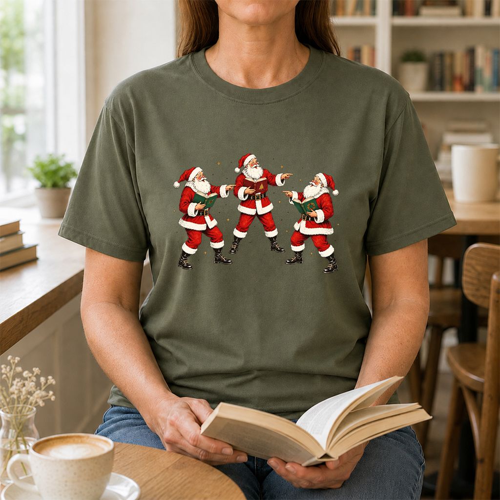 Three Reading Santas Printed T-Shirt | Christmas Reader Gift Military Green