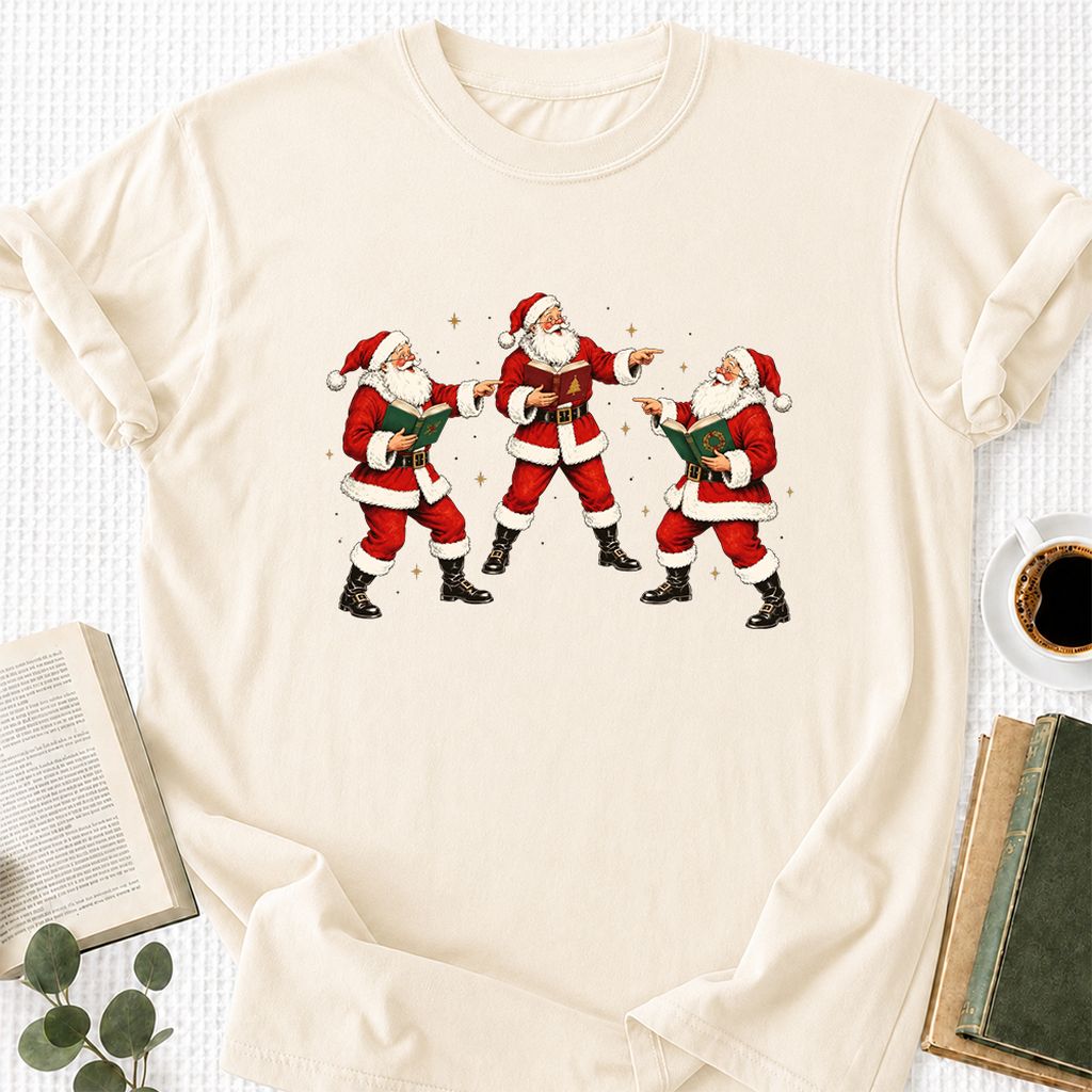 Three Reading Santas Printed T-Shirt | Christmas Reader Gift Natural
