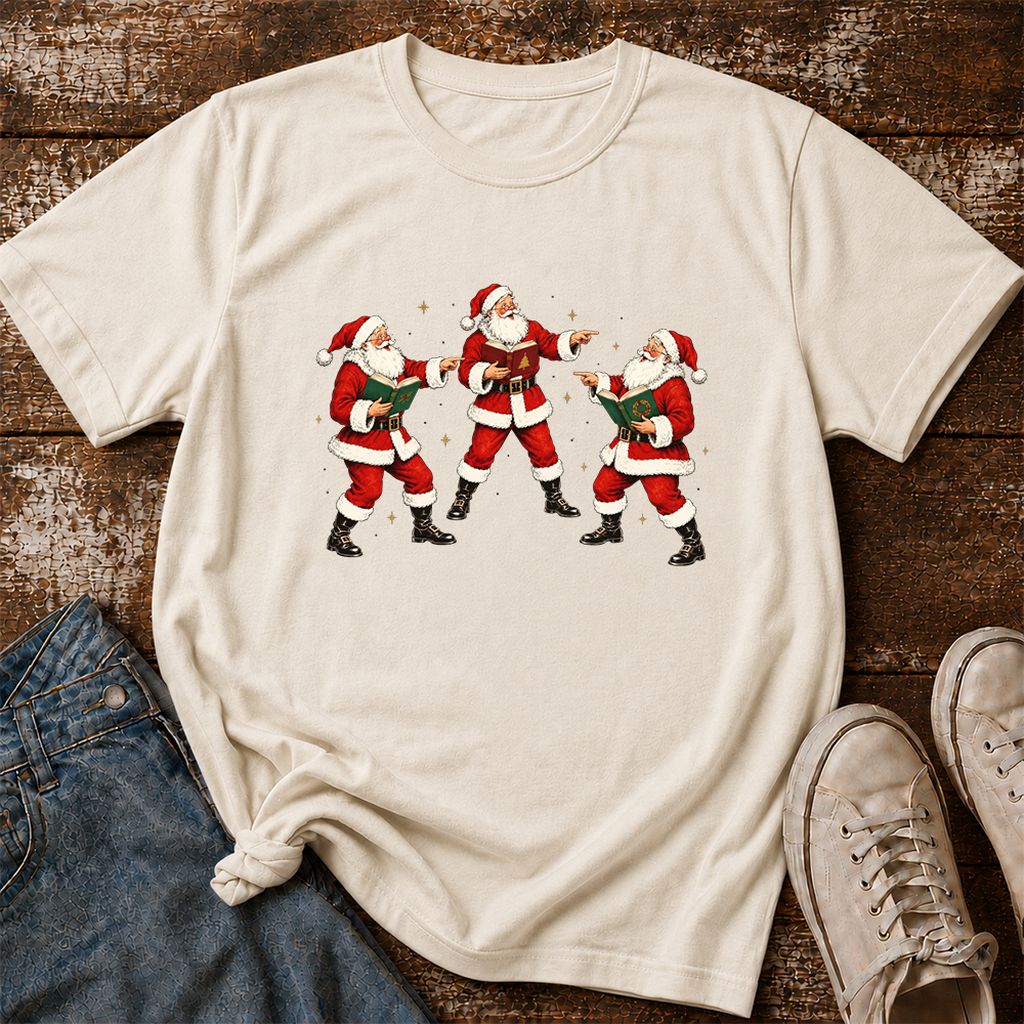 Three Reading Santas Printed T-Shirt | Christmas Reader Gift Natural