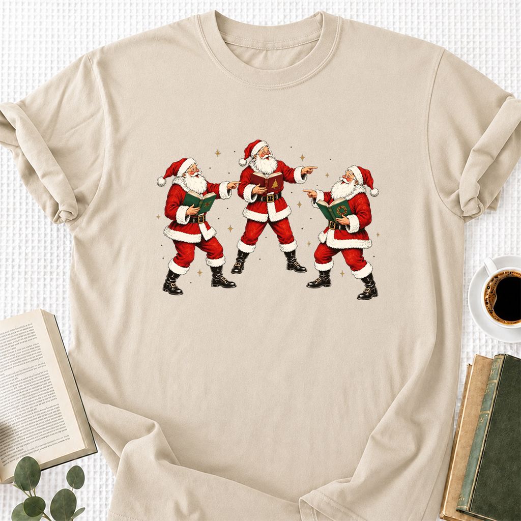 Three Reading Santas Printed T-Shirt | Christmas Reader Gift Sand