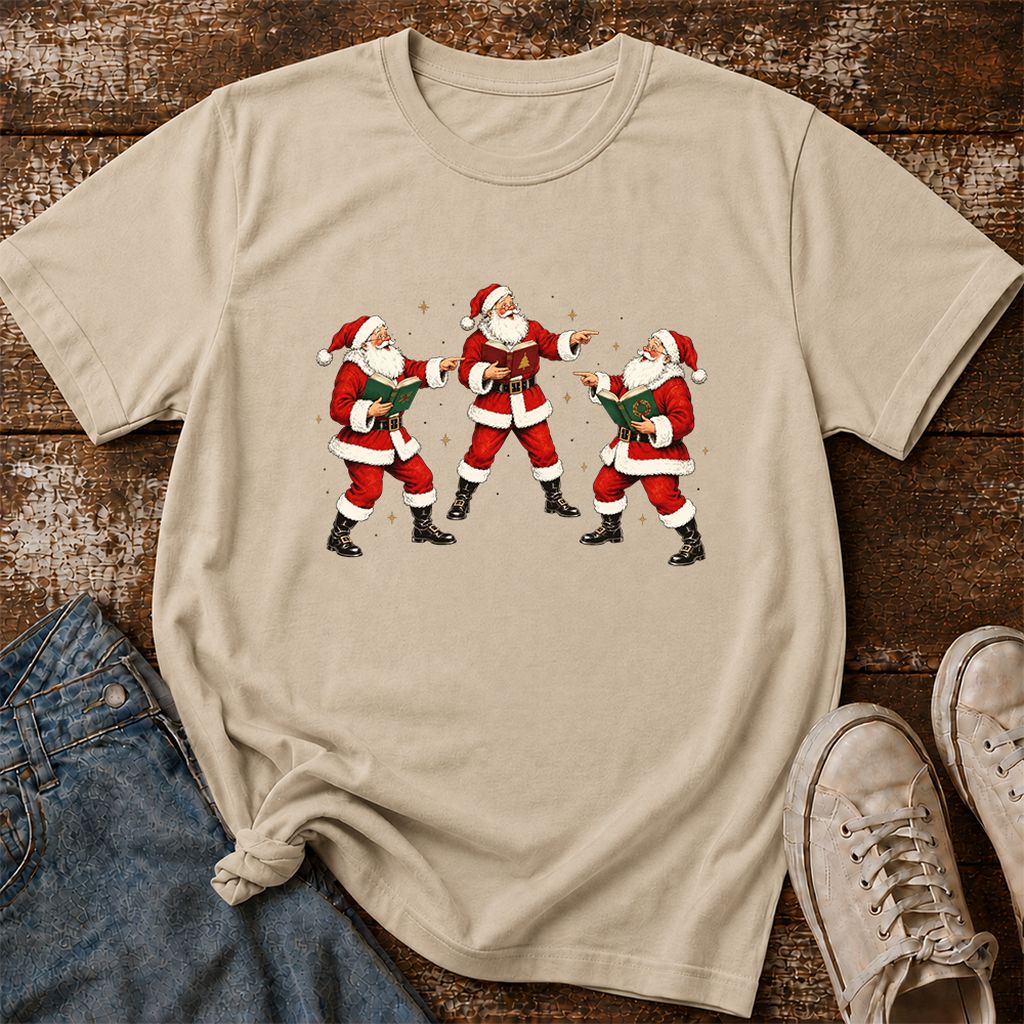 Three Reading Santas Printed T-Shirt | Christmas Reader Gift Sand