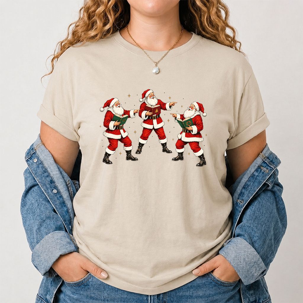 Three Reading Santas Printed T-Shirt | Christmas Reader Gift Sand