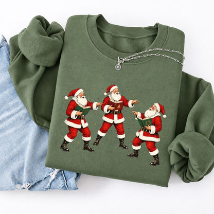 Three Reading Santas Softstyle Sweatshirt | Christmas Reader Gift Military Green