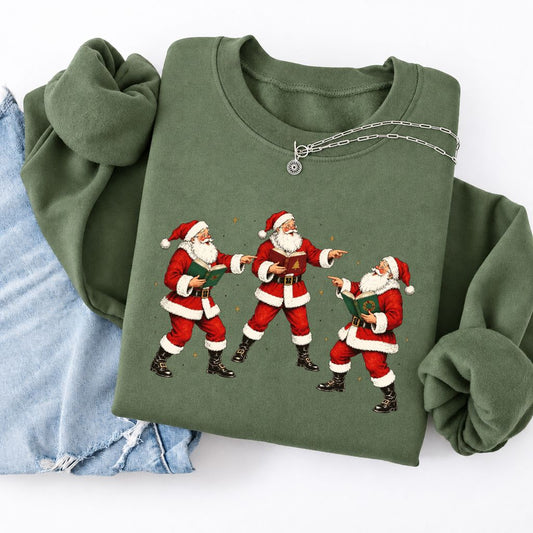 Three Reading Santas Softstyle Sweatshirt | Christmas Reader Gift Military Green