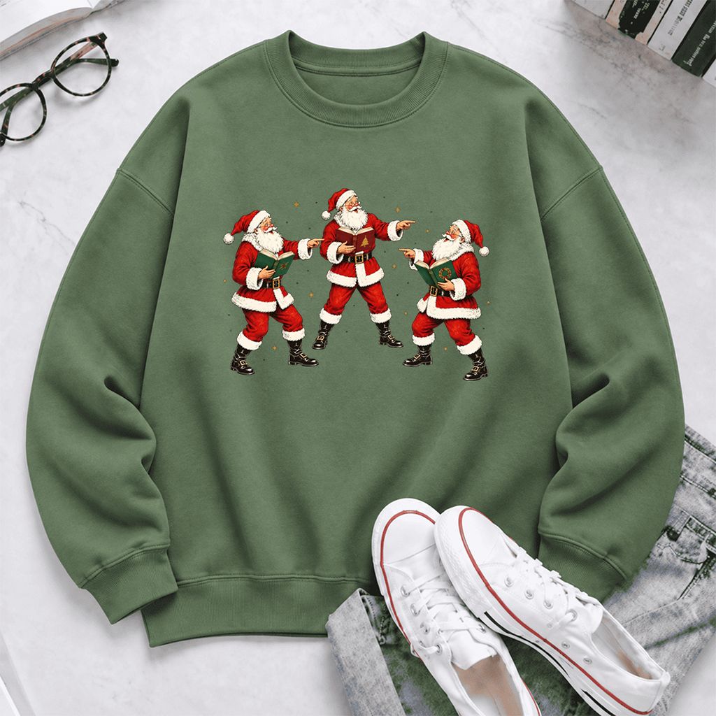 Three Reading Santas Softstyle Sweatshirt | Christmas Reader Gift Military Green
