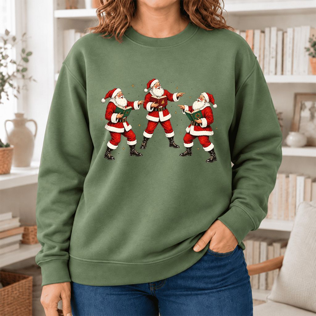 Three Reading Santas Softstyle Sweatshirt | Christmas Reader Gift Military Green