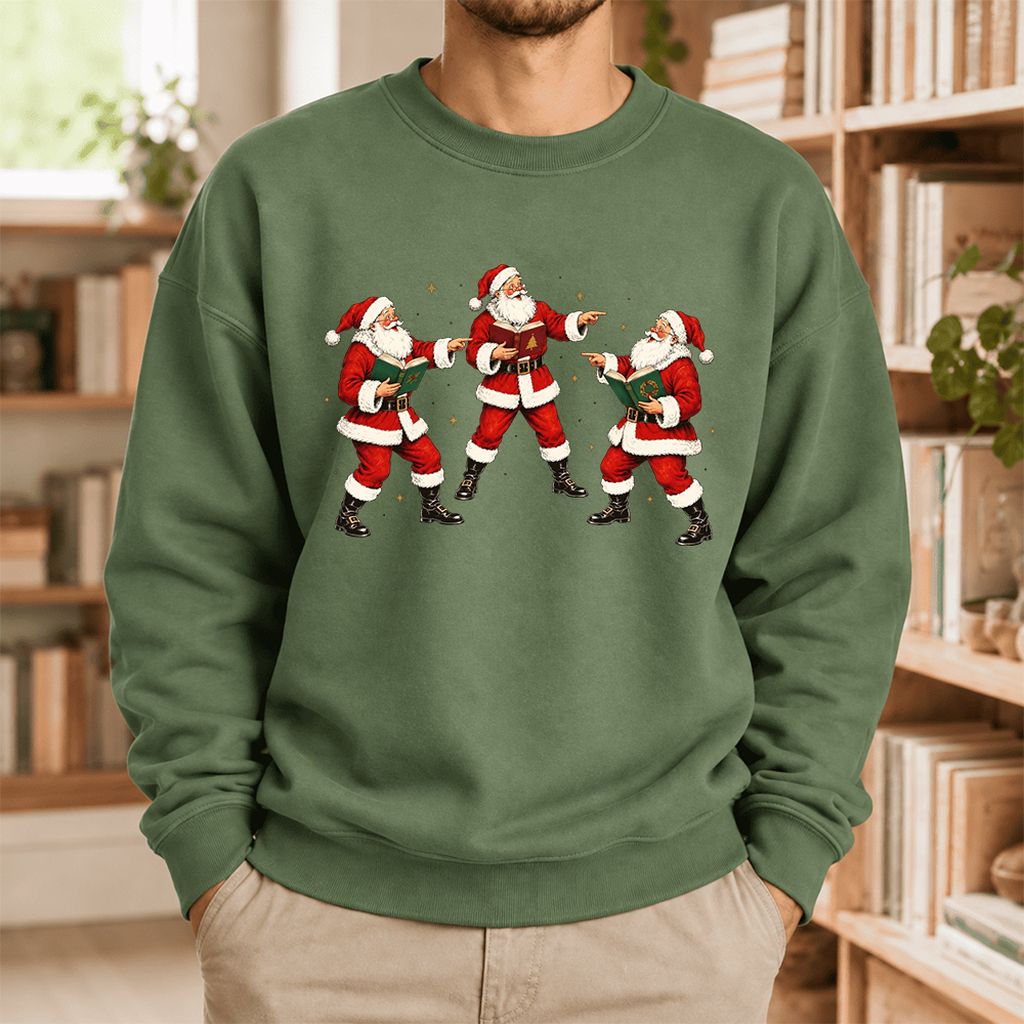 Three Reading Santas Softstyle Sweatshirt | Christmas Reader Gift Military Green