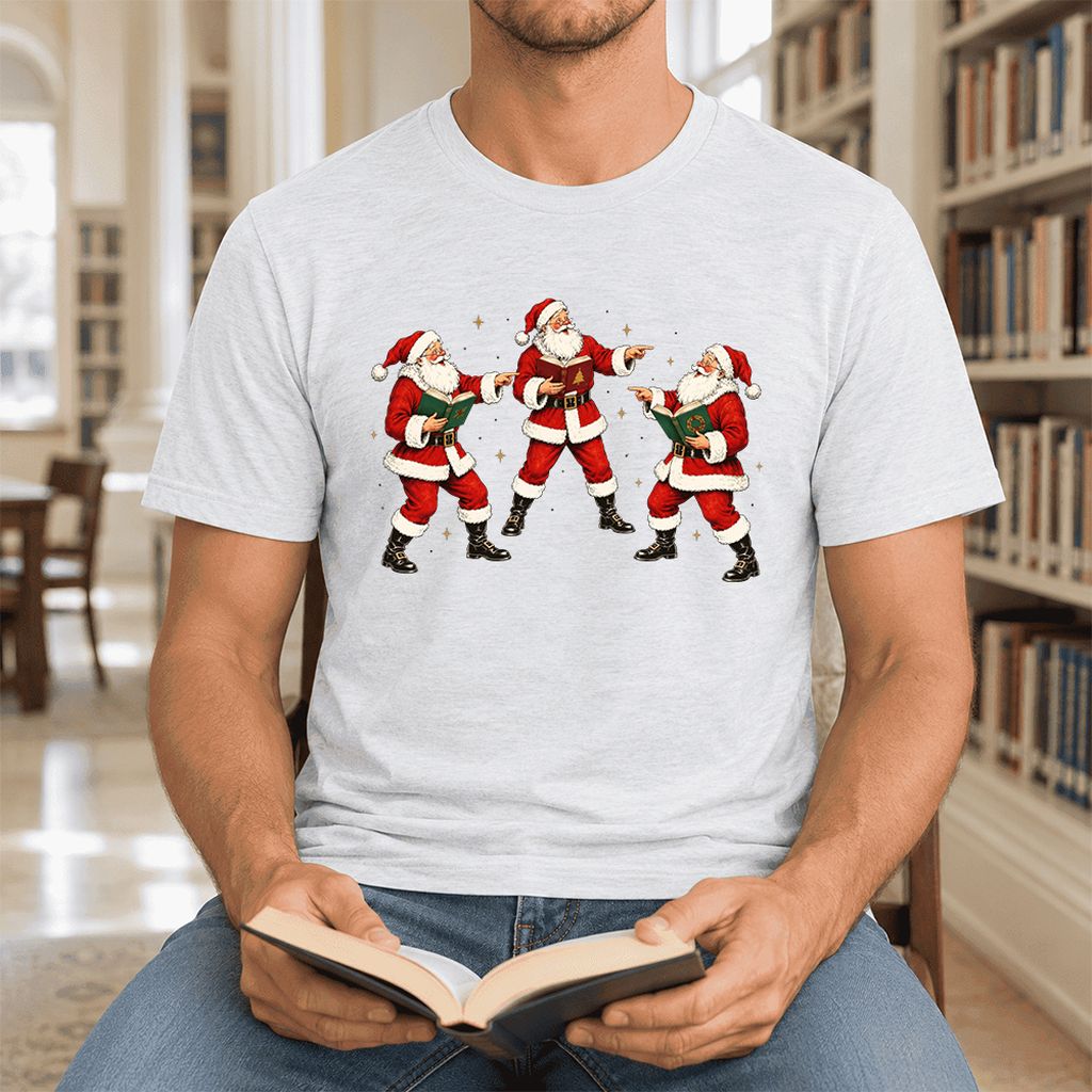 Three Reading Santas Ultra-Soft Cotton T-Shirt | Christmas Reader Gift Ash