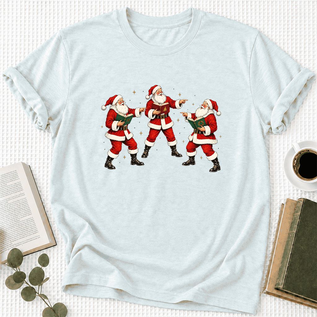 Three Reading Santas Ultra-Soft Cotton T-Shirt | Christmas Reader Gift Heather Ice Blue