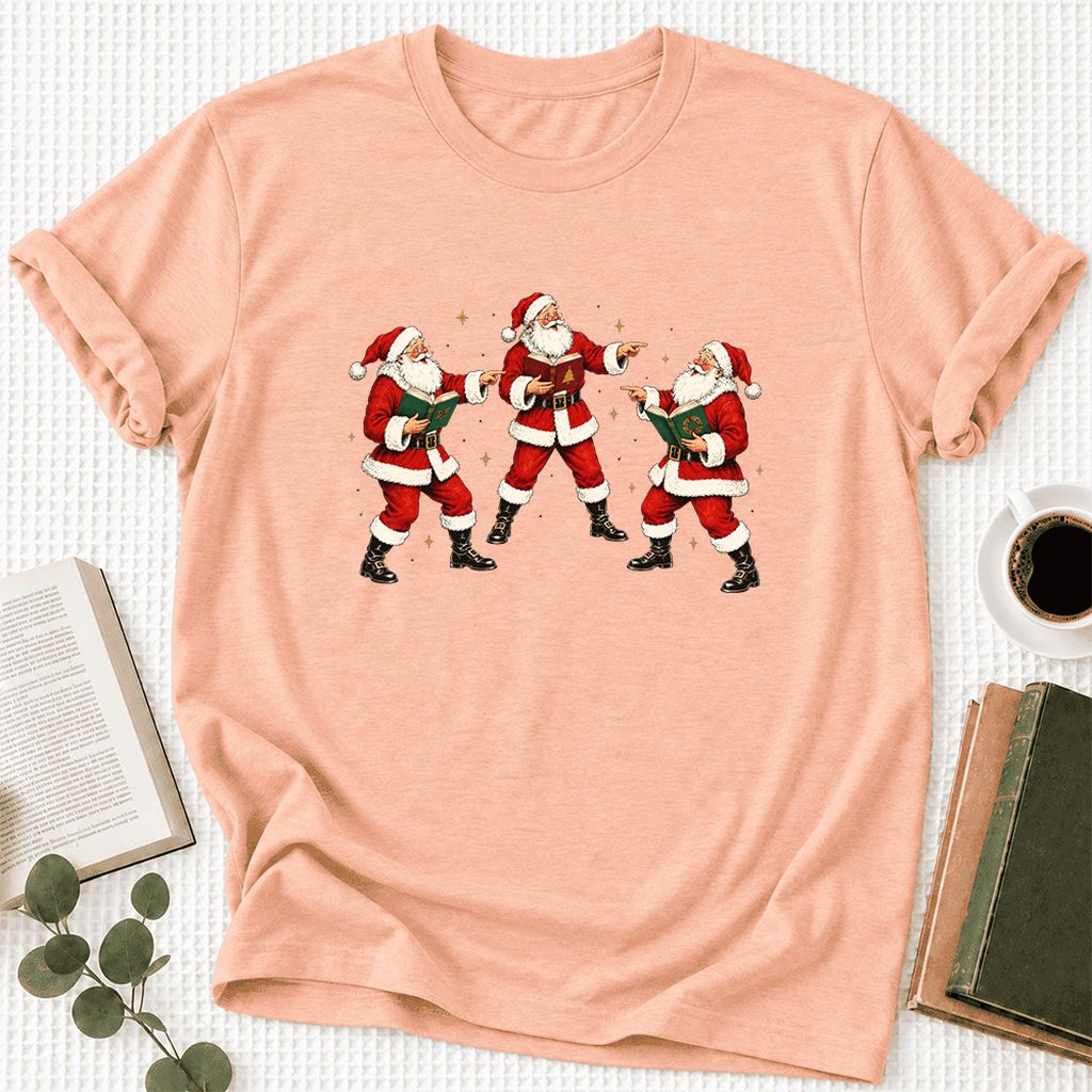 Three Reading Santas Ultra-Soft Cotton T-Shirt | Christmas Reader Gift Heather Peach