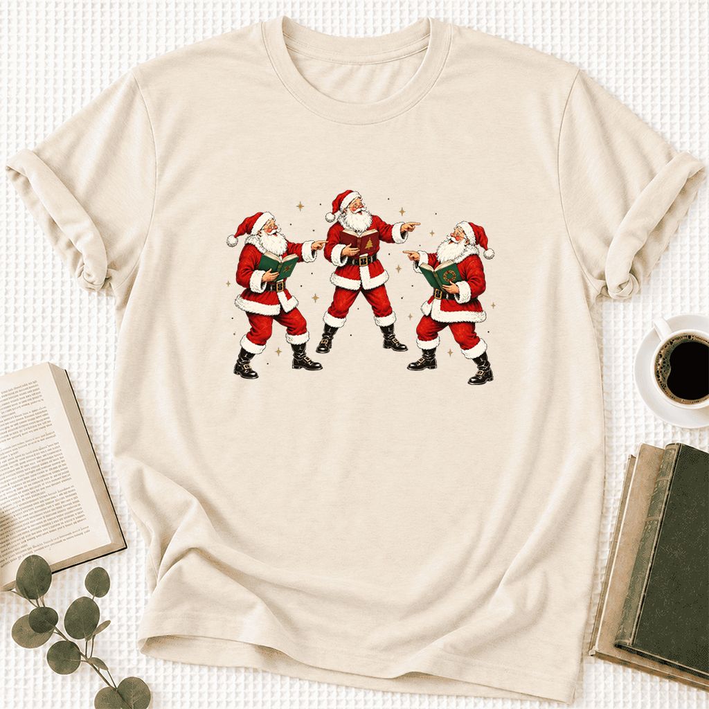 Three Reading Santas Ultra-Soft Cotton T-Shirt | Christmas Reader Gift Natural