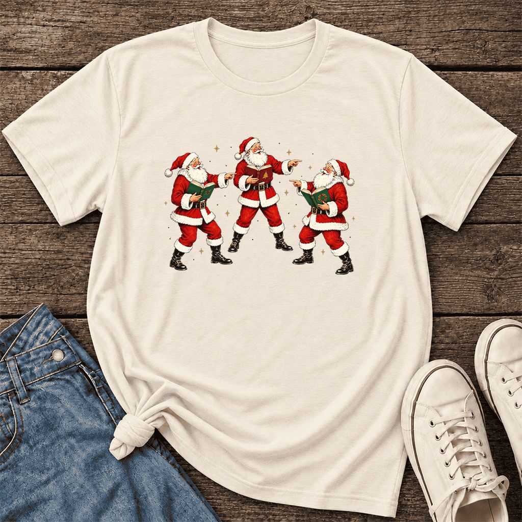 Three Reading Santas Ultra-Soft Cotton T-Shirt | Christmas Reader Gift Natural