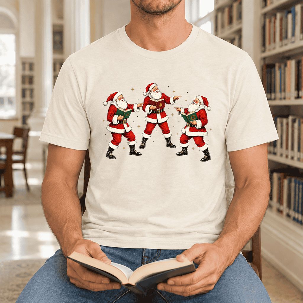 Three Reading Santas Ultra-Soft Cotton T-Shirt | Christmas Reader Gift Natural
