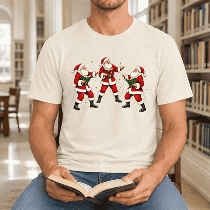 Three Reading Santas Ultra-Soft Cotton T-Shirt | Christmas Reader Gift Natural