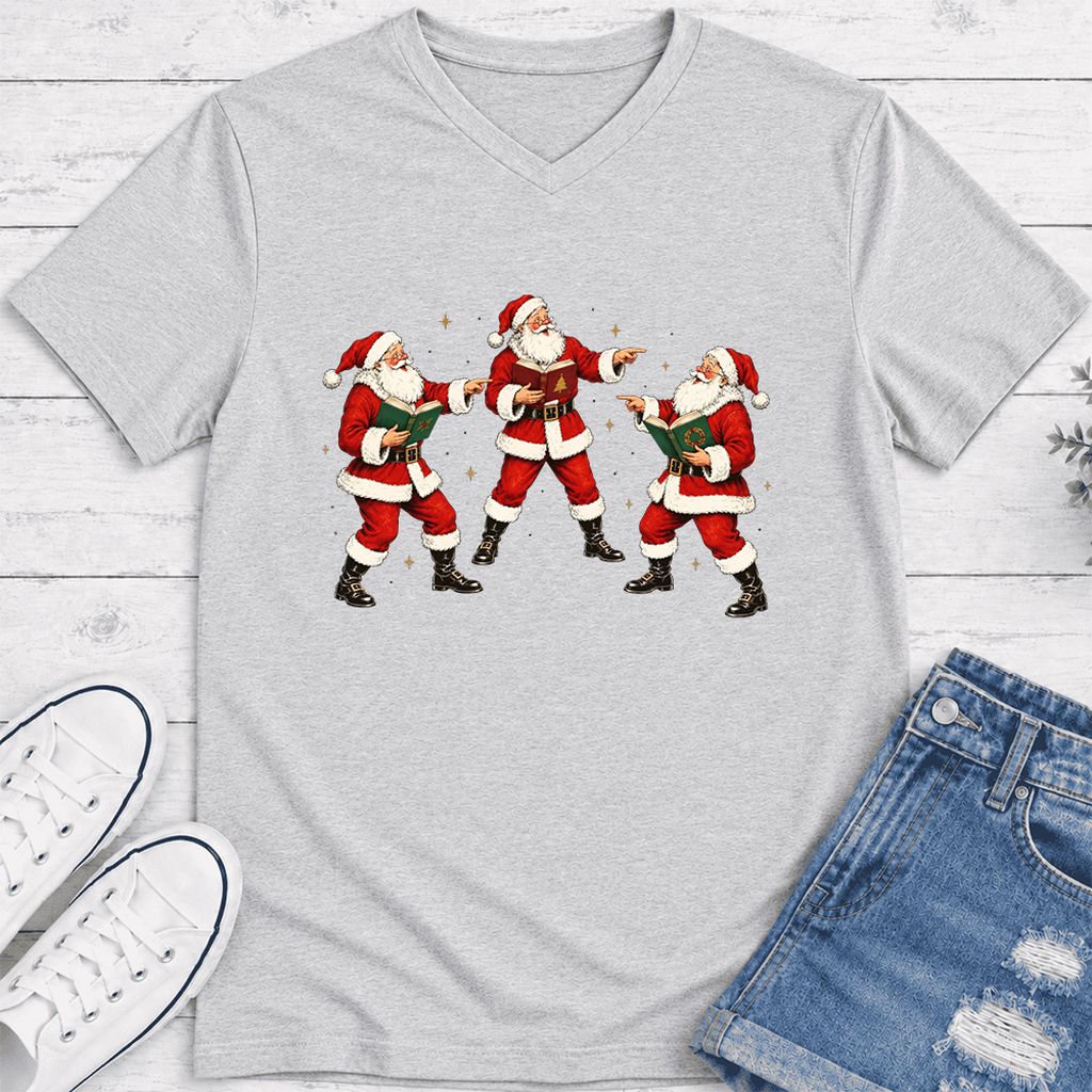 Three Reading Santas Ultra-Soft V-Neck | Christmas Reader Gift Ash