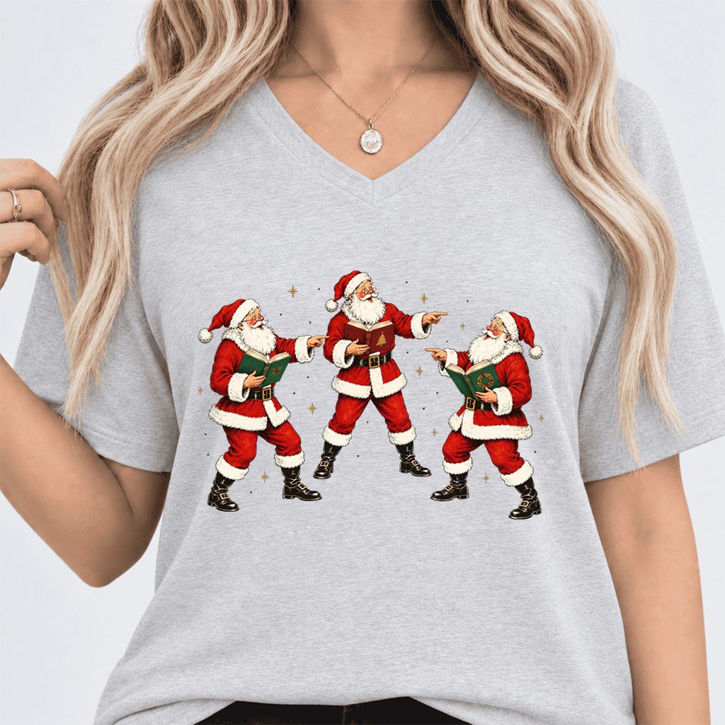 Three Reading Santas Ultra-Soft V-Neck | Christmas Reader Gift Ash