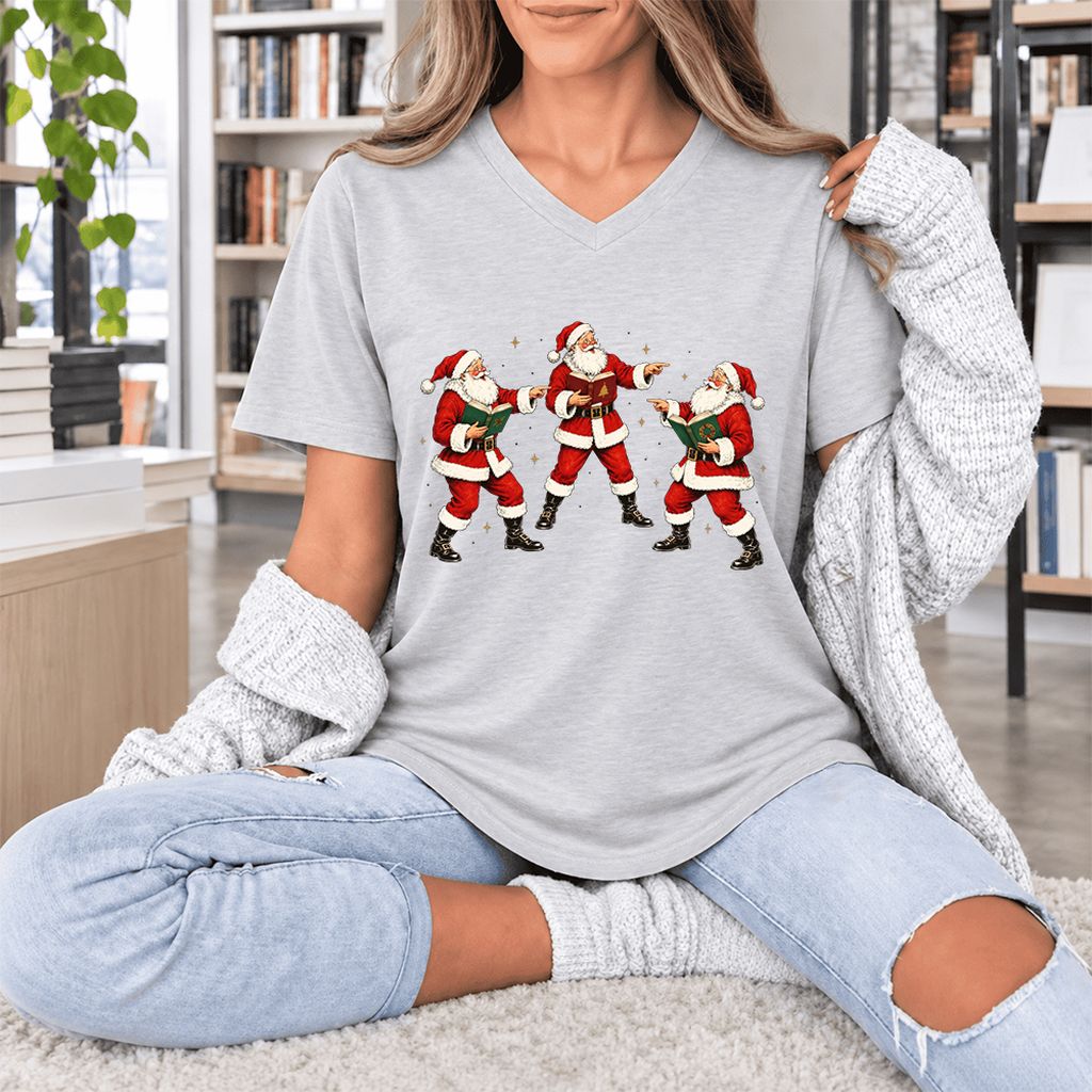 Three Reading Santas Ultra-Soft V-Neck | Christmas Reader Gift Ash
