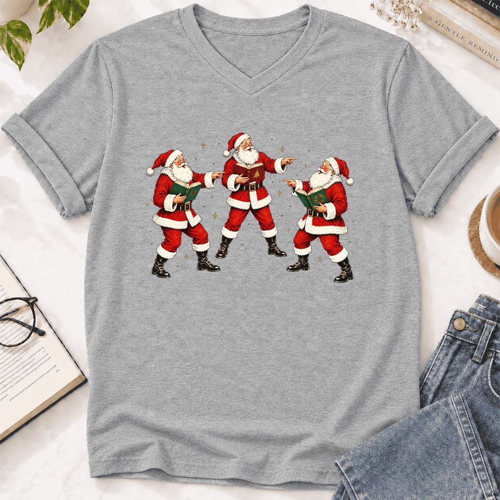 Three Reading Santas Ultra-Soft V-Neck | Christmas Reader Gift Athletic Heather