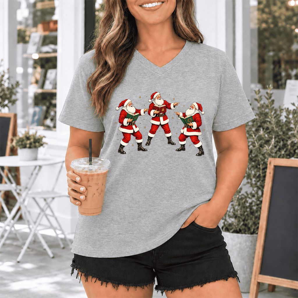 Three Reading Santas Ultra-Soft V-Neck | Christmas Reader Gift Athletic Heather