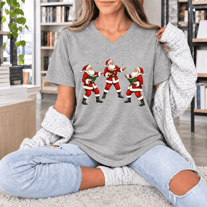 Three Reading Santas Ultra-Soft V-Neck | Christmas Reader Gift Athletic Heather