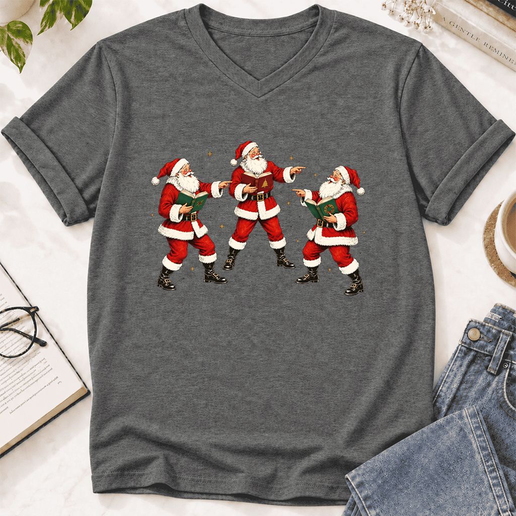 Three Reading Santas Ultra-Soft V-Neck | Christmas Reader Gift Deep Heather
