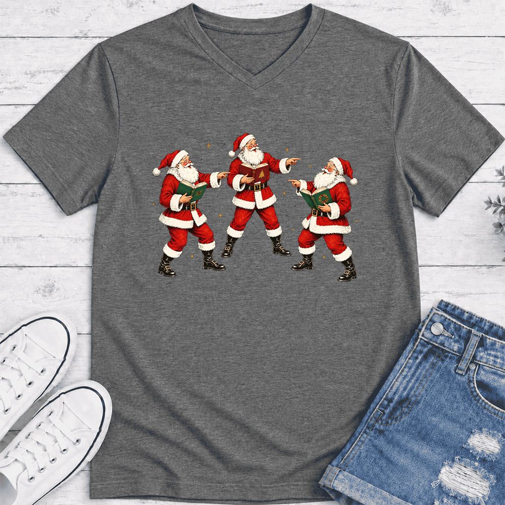 Three Reading Santas Ultra-Soft V-Neck | Christmas Reader Gift Deep Heather
