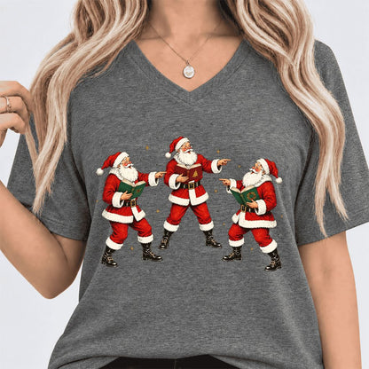 Three Reading Santas Ultra-Soft V-Neck | Christmas Reader Gift Deep Heather