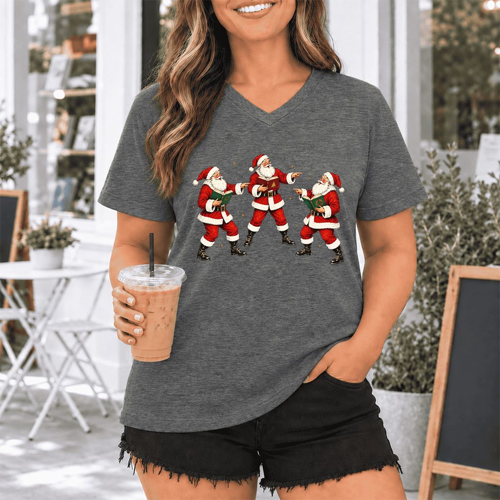 Three Reading Santas Ultra-Soft V-Neck | Christmas Reader Gift Deep Heather